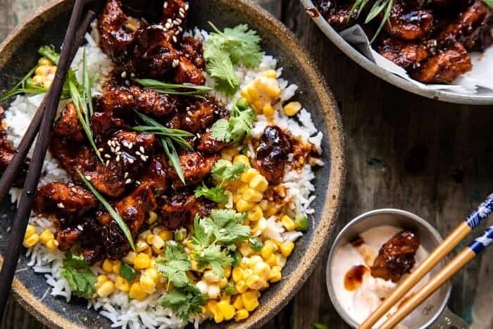 overhead horizontal photo of 25 Minute Korean Bulgogi BBQ Chicken with Spicy Garlic Butter Corn