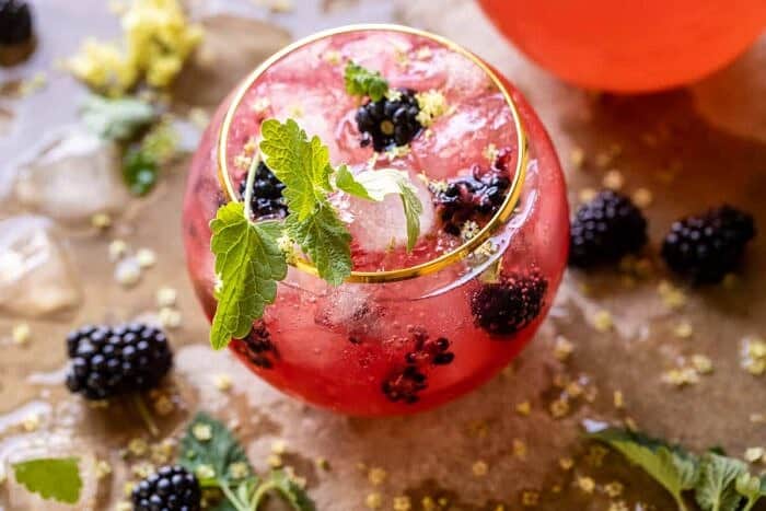 overhead horizontal photo of Blackberry Champagne Mule