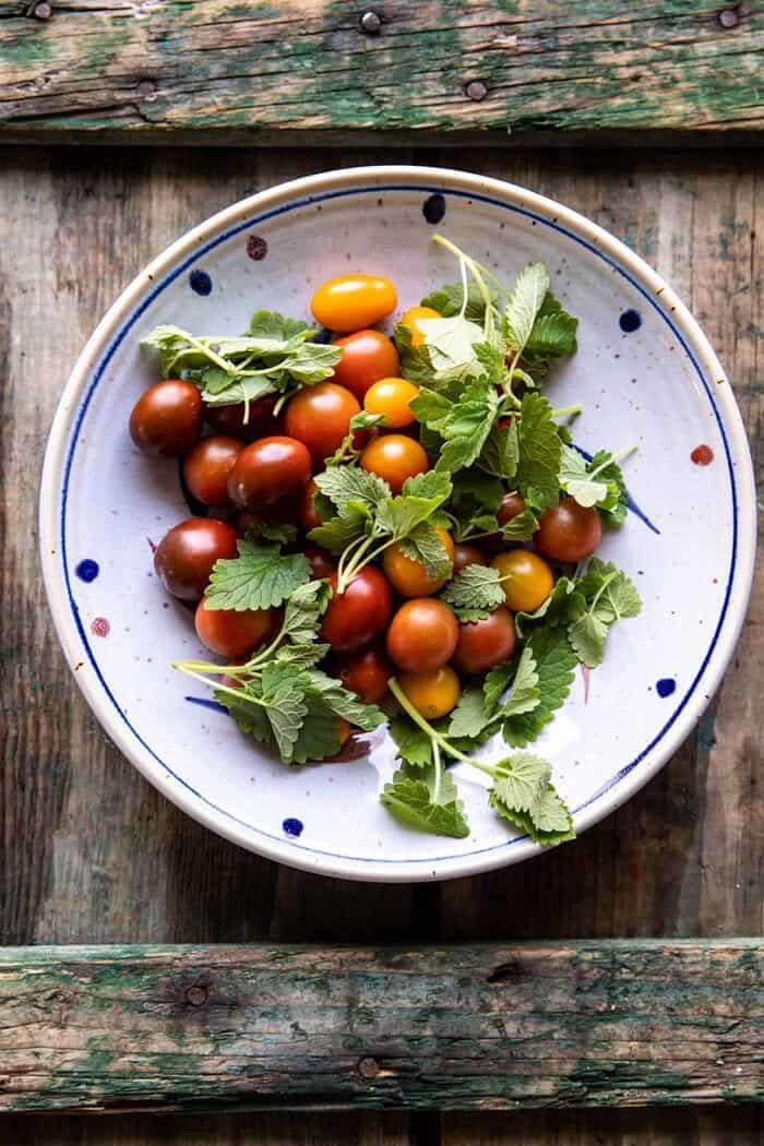 overhead photo fo raw tomatoes in bowl 