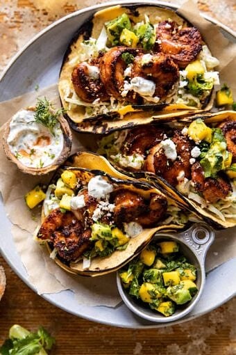 Chipotle BBQ Shrimp Tacos with Creamy Ranch Slaw | halfbakedharvest.com
