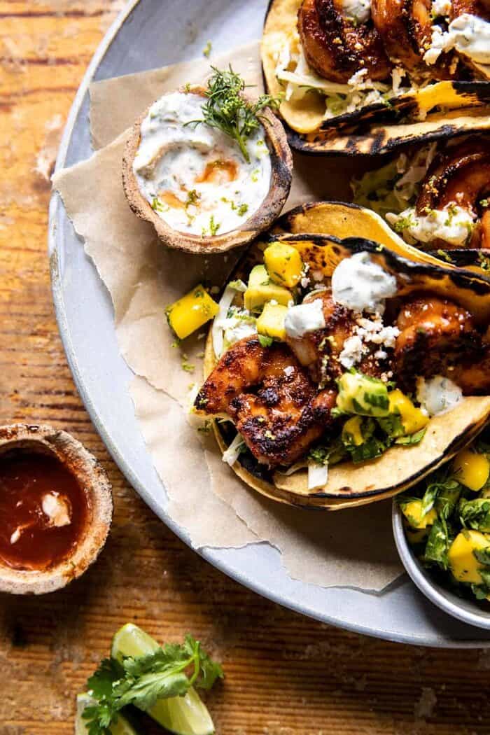 overhead close up photo of Chipotle BBQ Shrimp Tacos with Creamy Ranch Slaw