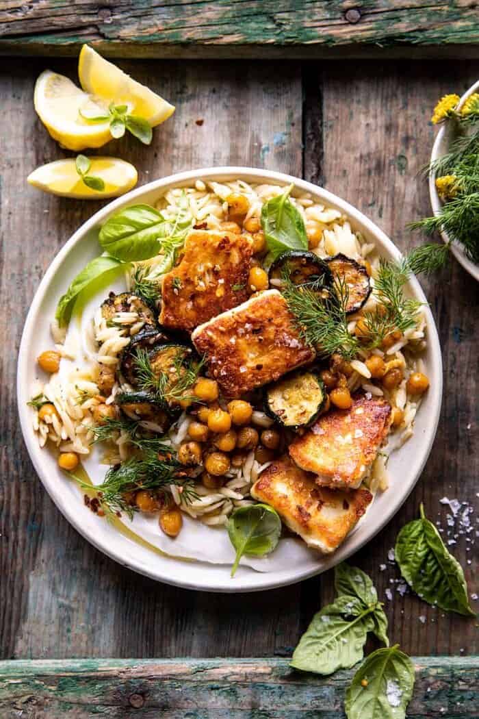 overhead photo of Crispy Lemon Feta with Spiced Chickpeas and Basil Orzo