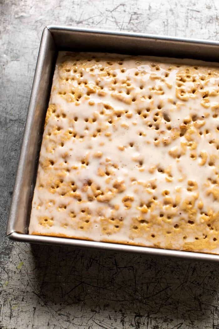 prep photo of Dirty Horchata Tres Leches Cake soaking in milk 