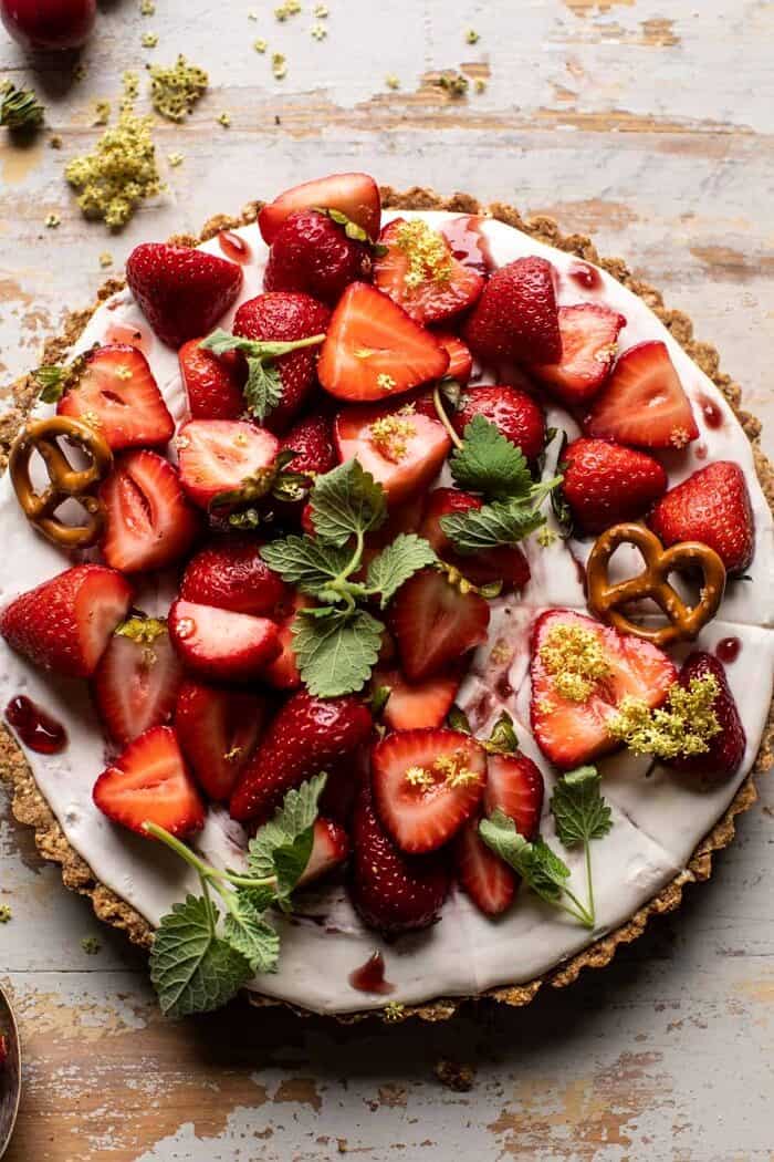 overhead close up photo of Double Strawberry Pretzel Pie 