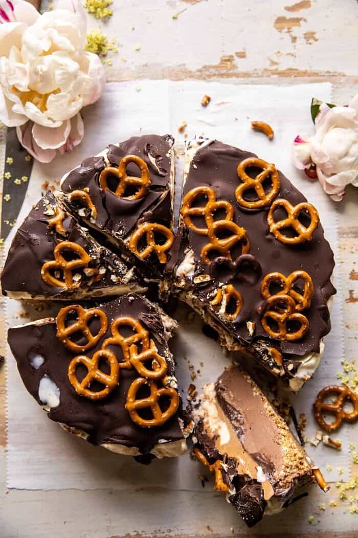Fudgy Chocolate Peanut Butter Ice Cream Pretzel Cake | halfbakedharvest.com