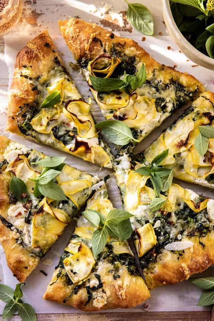 overhead close up photo of Garden Greens Goddess Pizza 