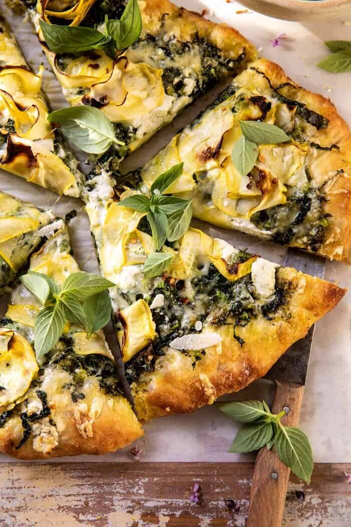 overhead close up photo of Garden Greens Goddess Pizza 