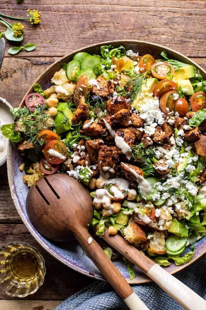 overhead photo of Greek Chicken Chopped Salad with Lemon Tahini Vinaigrette 