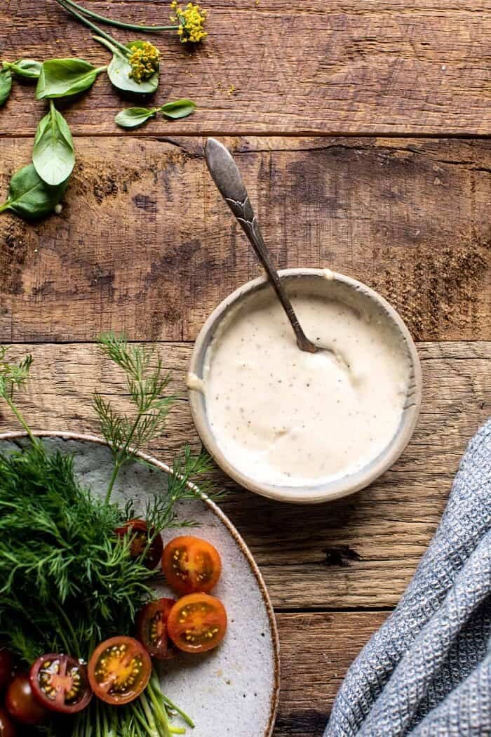 overhead prep photo of Lemon Tahini Vinaigrette