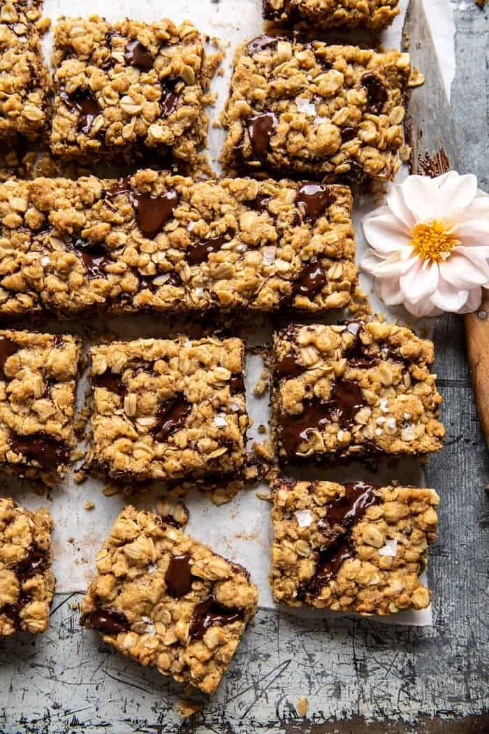 overhead photo of Healthier Dark Chocolate Chunk Oatmeal Cookie Bars