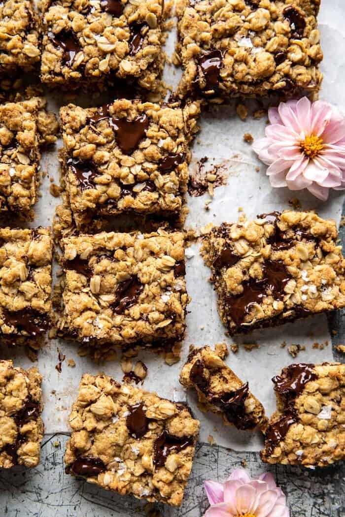 overhead close up photo of Healthier Dark Chocolate Chunk Oatmeal Cookie Bars