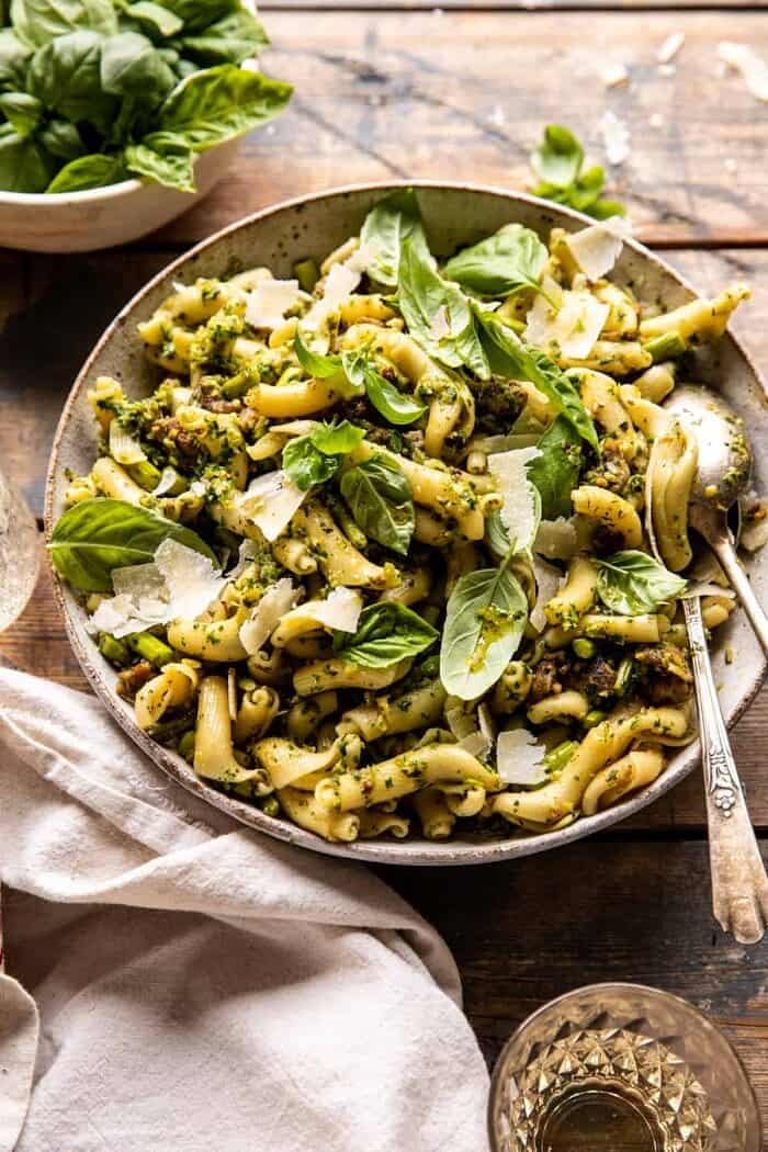 side angled photo of One Pot Lemon Basil, Asparagus, and Sausage Pasta 
