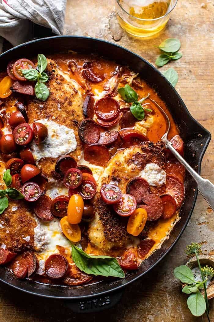 overhead close up photo of Skillet Cheesy Pepperoni Pizza Chicken 