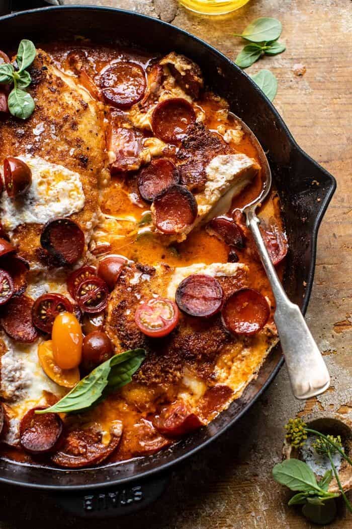 overhead close up photo of Skillet Cheesy Pepperoni Pizza Chicken 