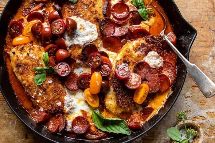 overhead horizontal photo of Skillet Cheesy Pepperoni Pizza Chicken