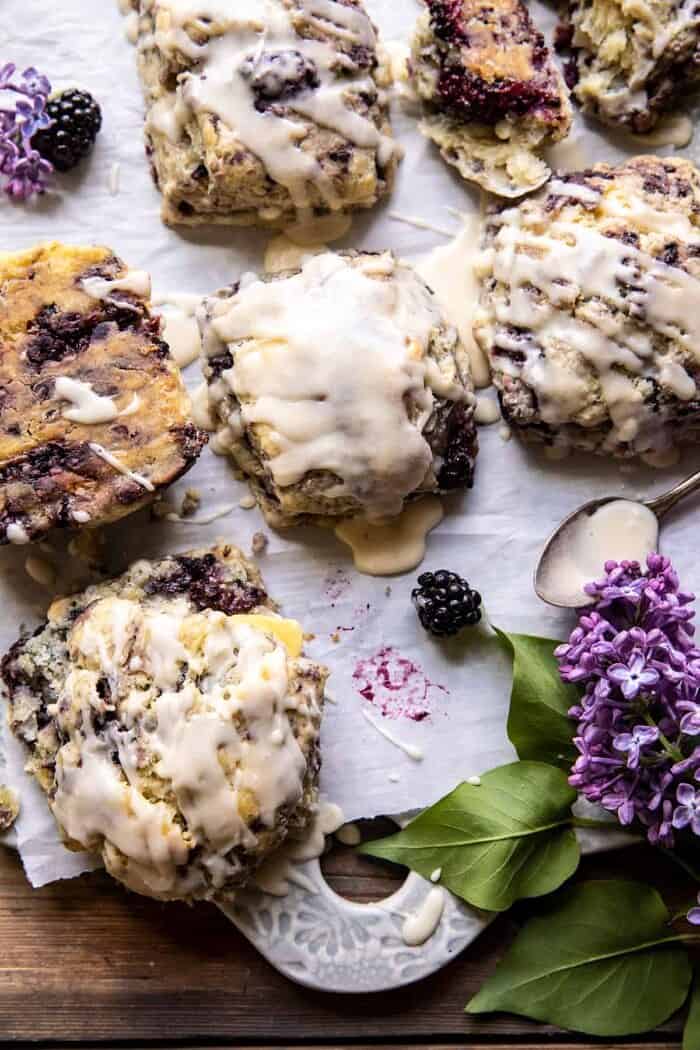overhead close up photo of Blackberry Lavender White Chocolate Scones 