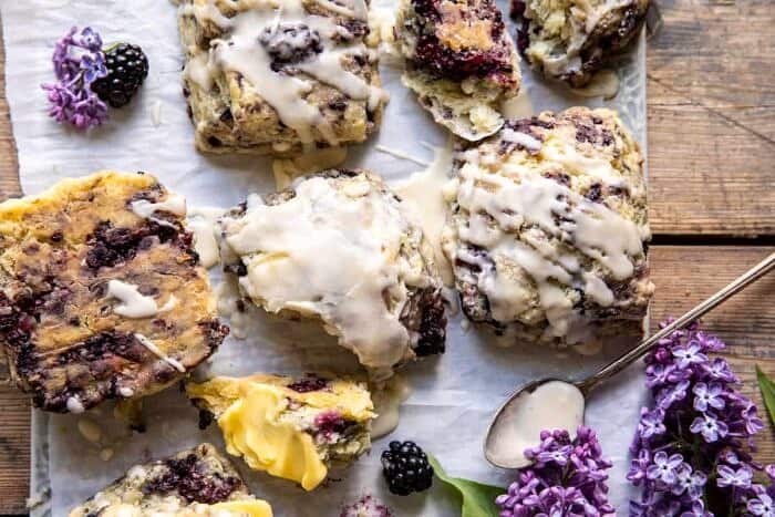 overhead photo of Blackberry Lavender White Chocolate Scones