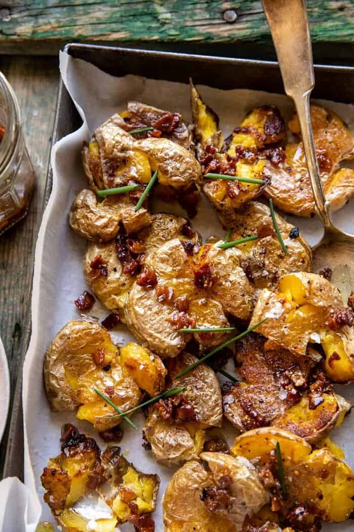 overhead close up photo of Crispy Smashed Potatoes with Bacon Vinaigrette