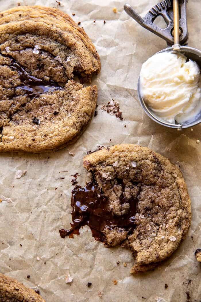 overhead photo of Giant Salted Espresso Hot Fudge Cookie broken in half