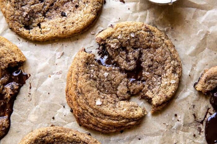 overhead horizontal photo of Giant Salted Espresso Hot Fudge Cookies