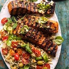 Greek Salmon with Lemon Feta and Orzo Summer Salad | halfbakedharvest.com