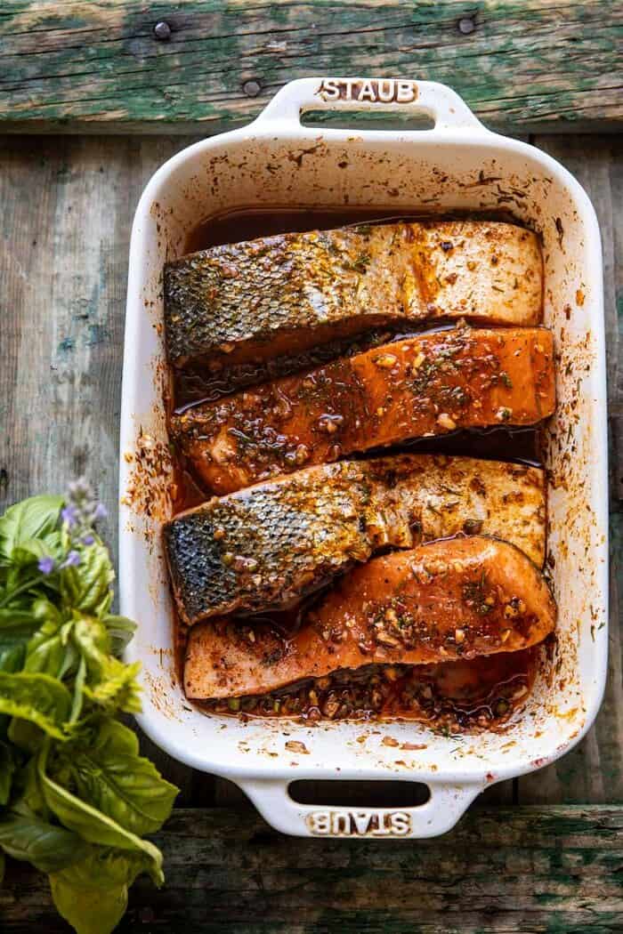 overhead prep photo of Greek Salmon before grilling