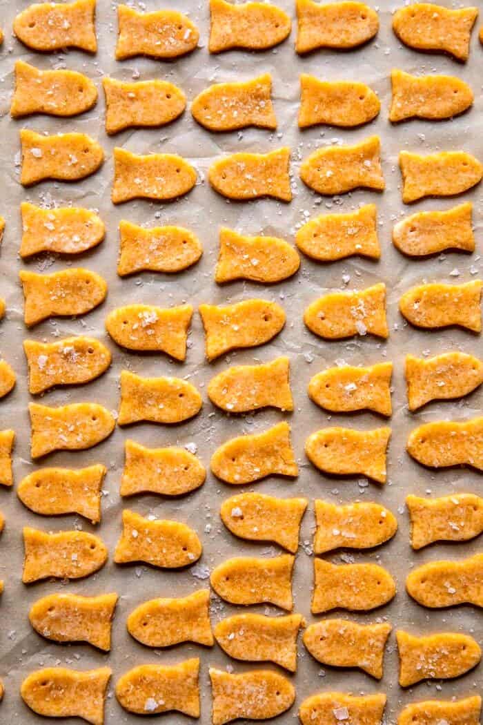 overhead photo of Homemade Goldfish on baking sheet before baking