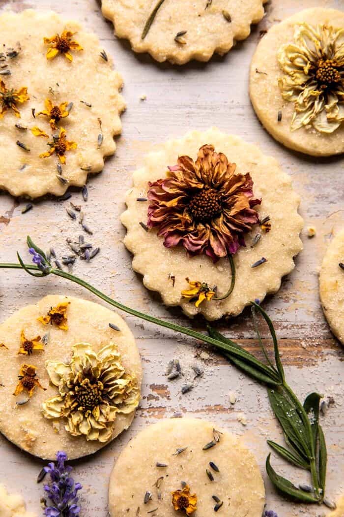 overhead close up photo of Lavender Lemon Sugar Cookies 