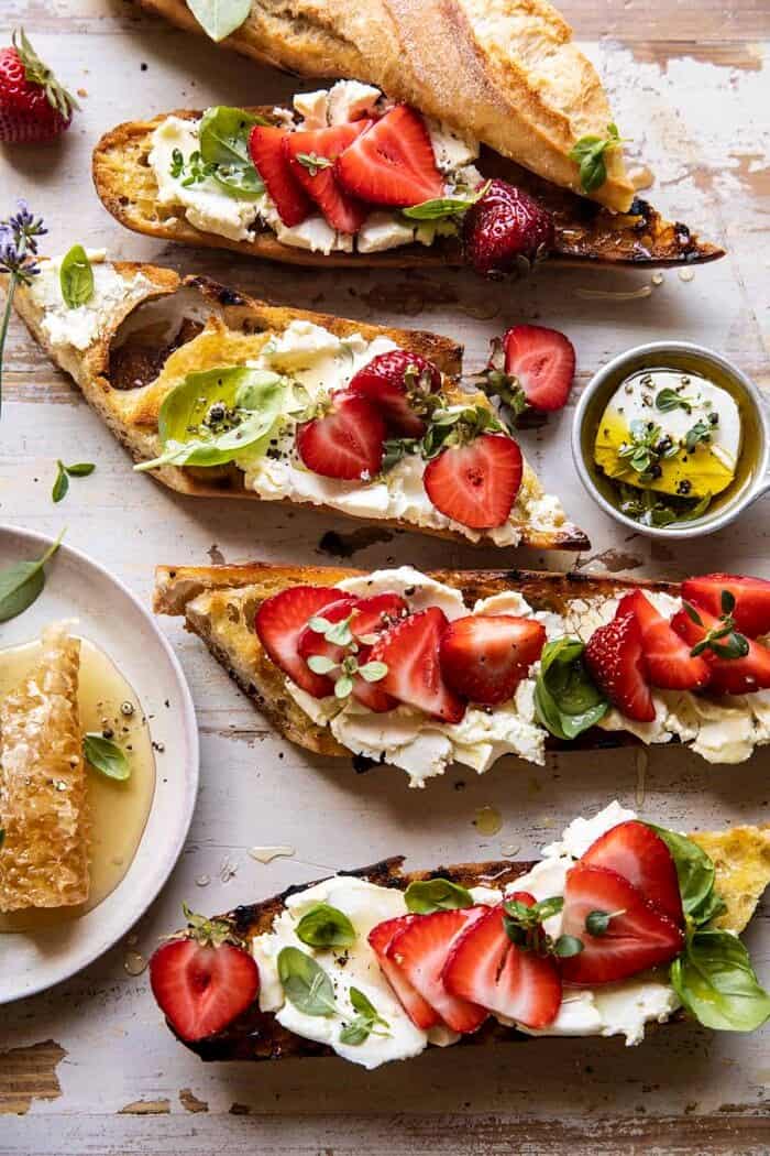 overhead photo of Marinated Goat Cheese Strawberry Crostini 