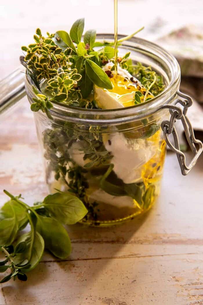 side angle prep photo of Marinated Goat Cheese 