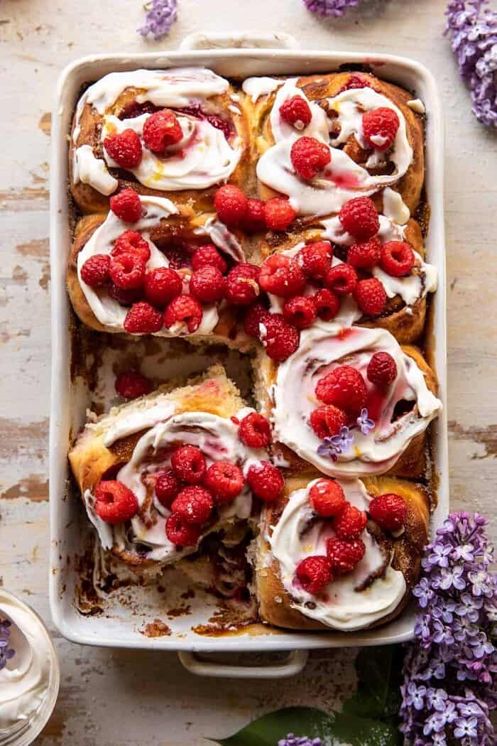 overhead photo of Raspberry Lemon Brioche Rolls with Whipped Ricotta Cream