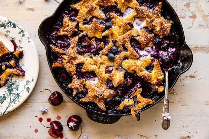 overhead horizontal photo of Skillet Blueberry Bourbon Pandowdy