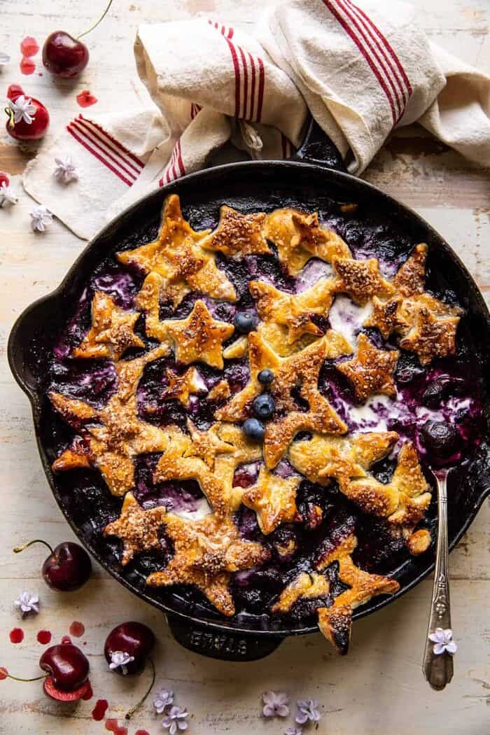 overhead photo of Skillet Blueberry Bourbon Pandowdy 