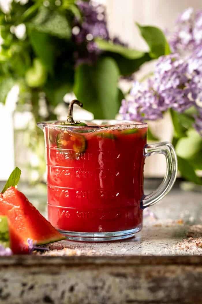 prep photo of watermelon juice in glass measuring cup