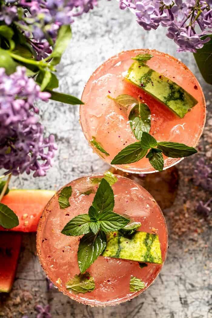 overhead photo of Smoky Watermelon Lemon Margarita 