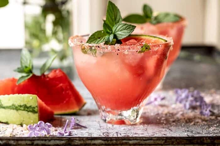 side angled horizontal photo of Smoky Watermelon Lemon Margarita | halfbakedharvest.com