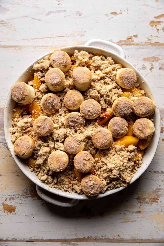 overhead photo of Southern Double Crusted Cinnamon Sugar Peach Cobbler befoew baking 