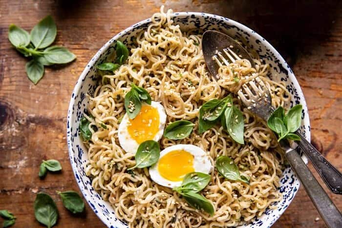 overhead horizontal photo of 15 Minute Garlic Butter Ramen Noodles with egg