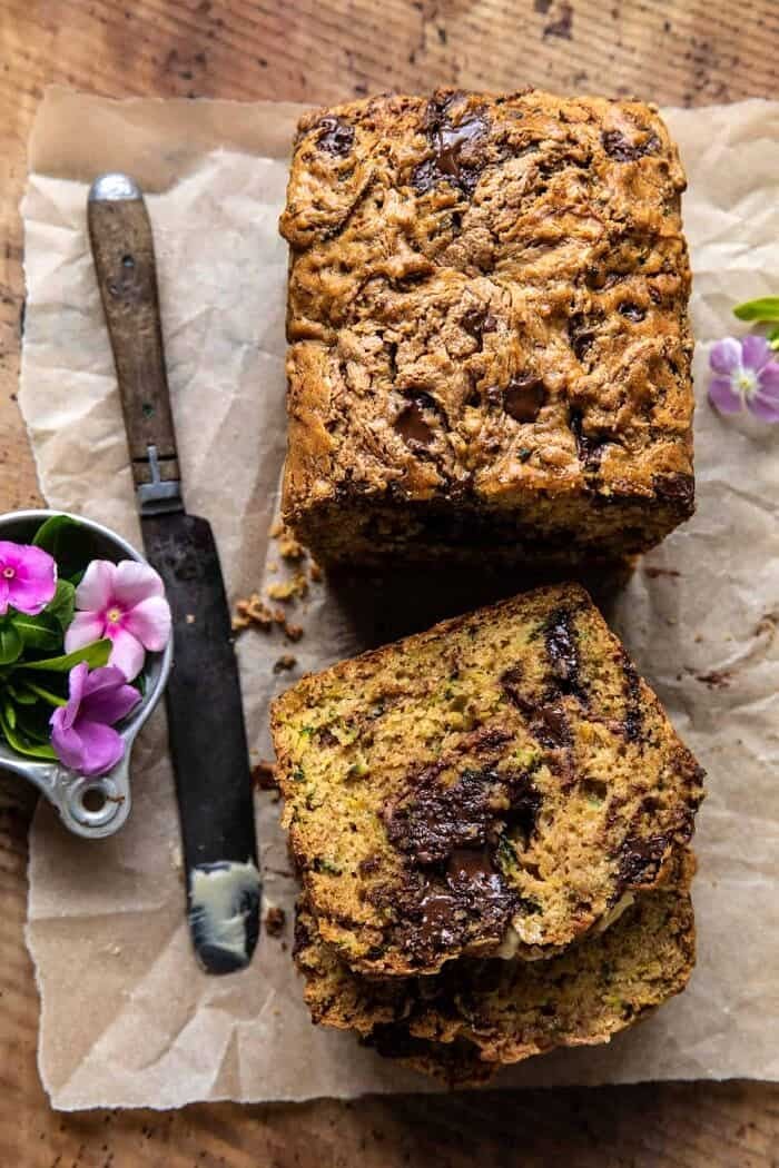 overhead photo of Chocolate Chunk Almond Butter Zucchini Bread