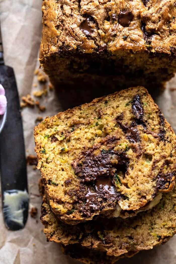 overhead close up photo of Chocolate Chunk Almond Butter Zucchini Bread