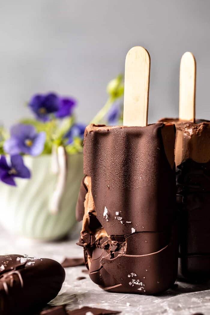 side angled close up photo of Creamy Vegan Chocolate Fudge Pops 