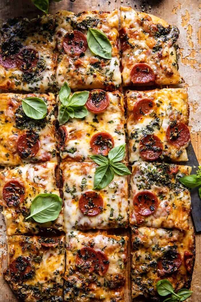 overhead close up photo of Easy Sheet Pan Tomato Herb Pizza 