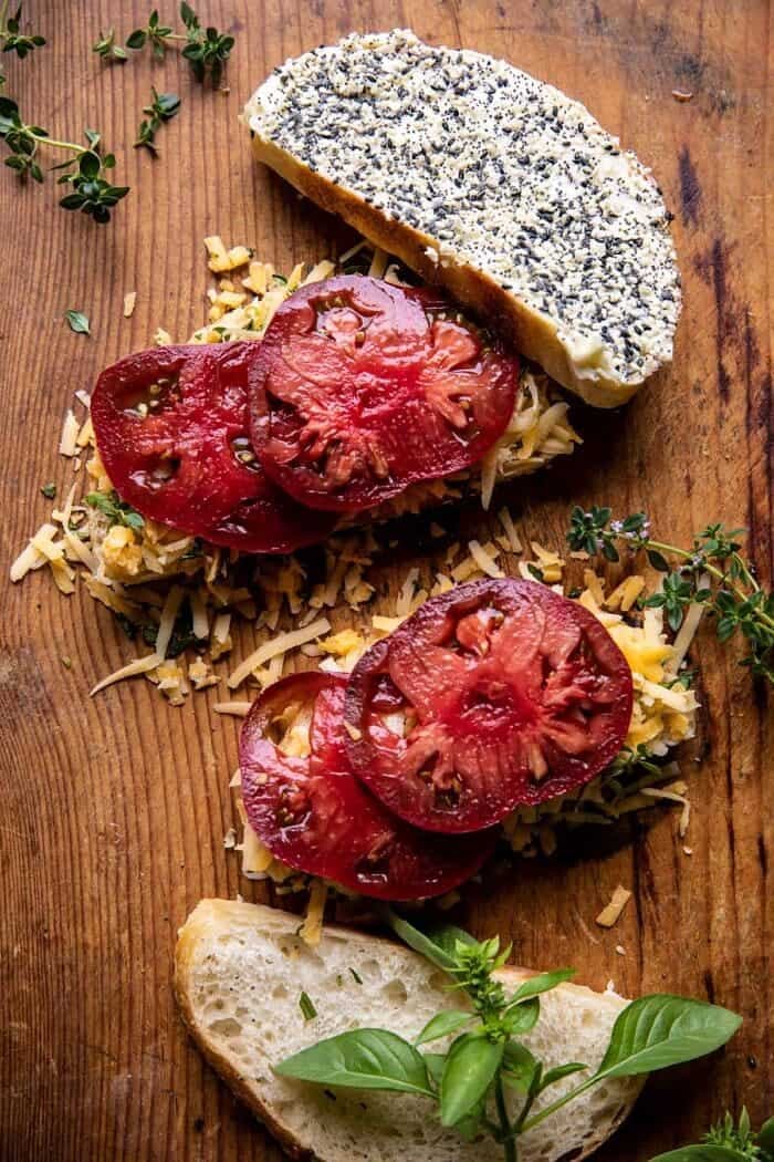 overhead prep photo of Everything Cheddar Tomato Bacon Grilled Cheese before cooking