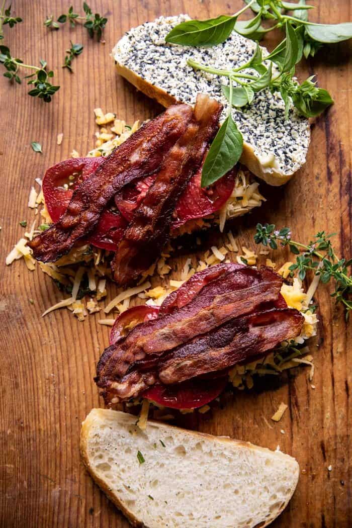 overhead prep photo of Everything Cheddar Tomato Bacon Grilled Cheese