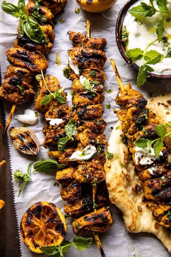 overhead close up photo of Grilled Chicken Shawarma with Golden Butter Fries and Garlic Sauce 