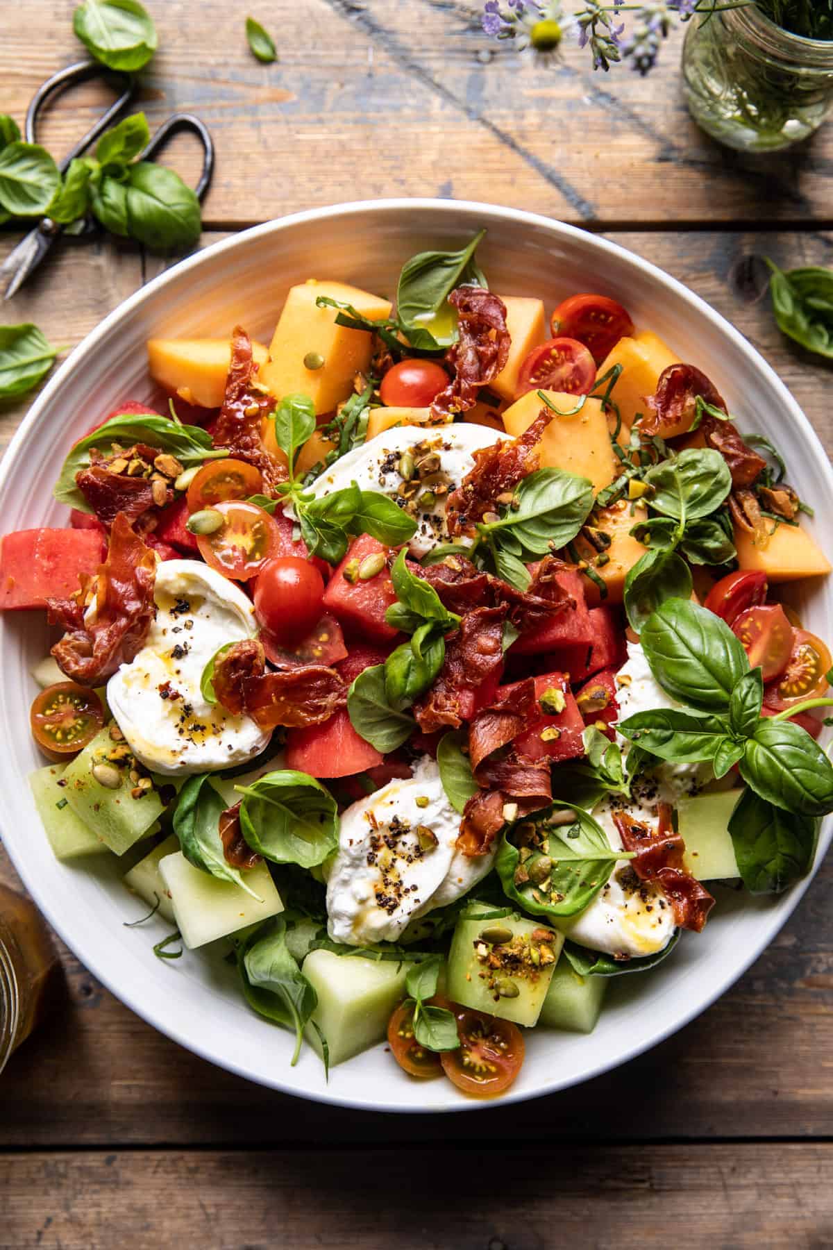 Melon Basil Burrata Salad with Crispy Prosciutto | halfbakedharvest.com