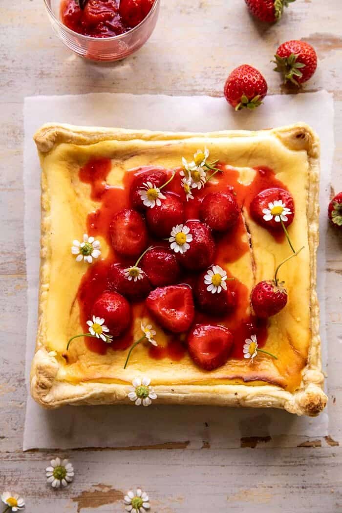 overhead photo of Simple Strawberry Chamomile Cheesecake