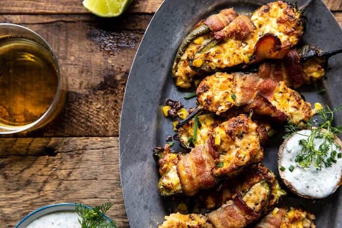 overhead horizontal photo of Bacon Wrapped Cheddar Corn Jalapeño Poppers 