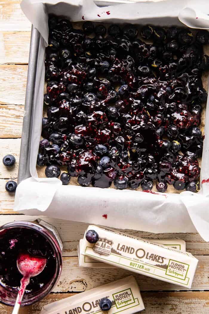 overhead prep photo of Cinnamon Sugar Blueberry Crumb Bars before baking
