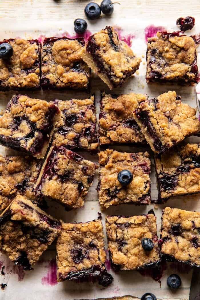 overhead close up photo of Cinnamon Sugar Blueberry Crumb Bars